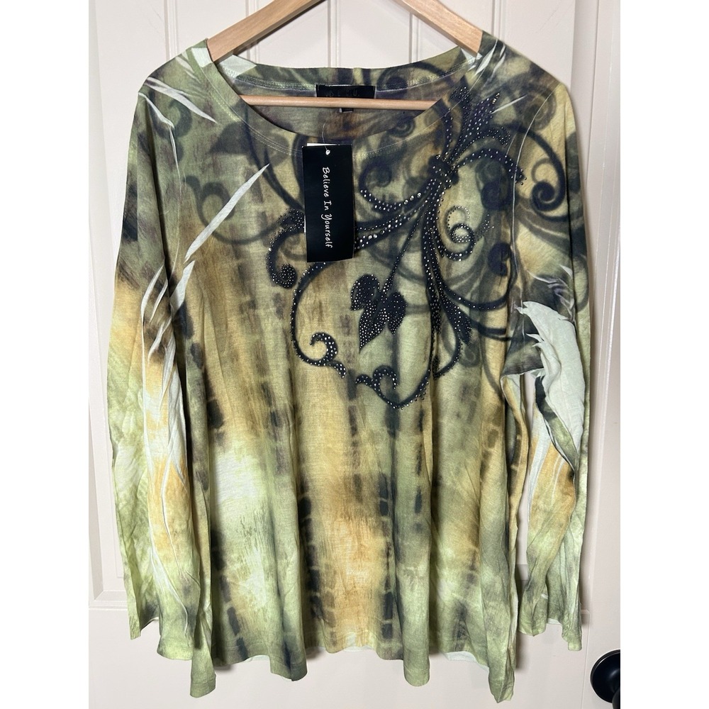 B.L.E.U. Green/Yellow/Brown/Cream Embellished Long Sleeve Beaded Boho Tunic 2X